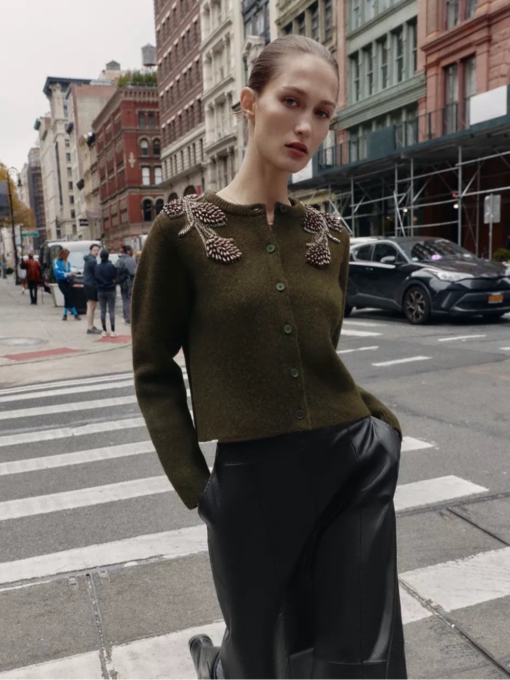 NWT Zara Green/Brown Wool Blend Beaded Cardigan. Size L.
